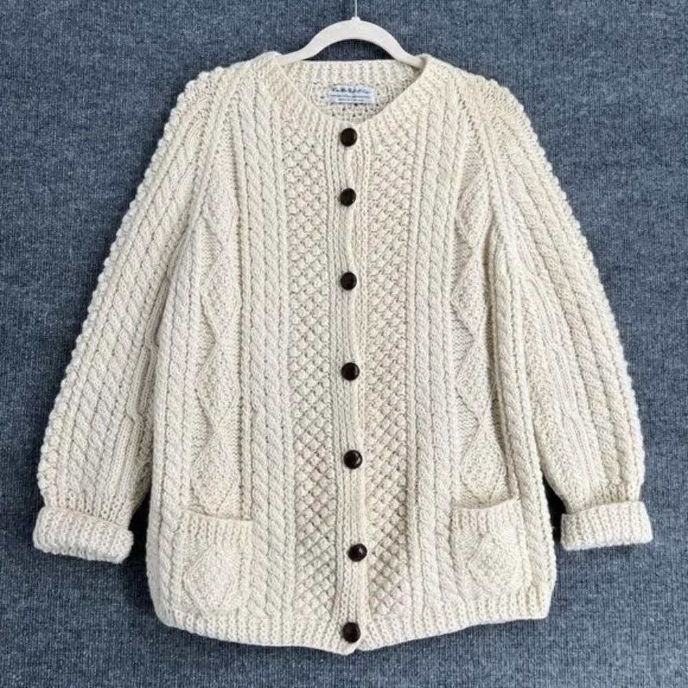 Vintage Wm McNelis & Sons Wool Fisherman Sweater Cardigan Womens M Cream Chunky